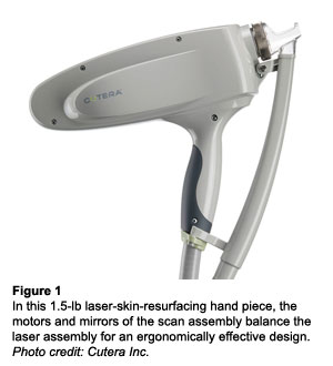 图1  - 在此1.5-LB激光 - 皮肤铺设手工件，扫描组件的电机和镜子平衡激光组件以实现符合人体工程学有效的设计。照片信用：Sucera Inc.