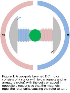 图1所示。两极刷直流电机由两个磁铁的定子和一个电枢(转子)组成，电枢(转子)的线圈缠绕在相反的方向，磁铁排斥转子线圈，导致转子转动。