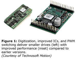 图1:与早期版本相比，数字化、改进的集成电路和PWM开关提供了更小的驱动器(左)和改进的性能(插图)。(由Technosoft Motion提供)