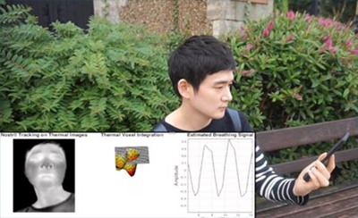 图2:连接到手机的低成本热感摄像机可以追踪一个人的呼吸速度。照片由伦敦大学学院提供。