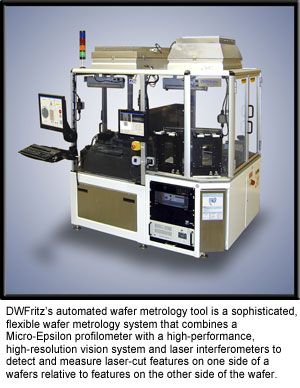 DWFritz的自动晶片是一个复杂的计量工具,灵活的晶片计量系统,结合了Micro-Epsilon轮廓曲线仪具有高性能、高分辨率视觉系统和激光干涉仪检测和测量激光切割功能的一侧晶片相对于功能另一边的晶片。