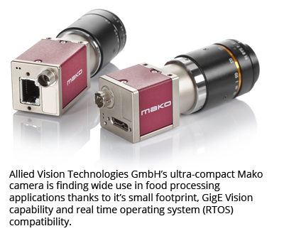 Allied Vision Technologies GmbH的Ultra-Compact Make Camera如果在食品加工应用中发现广泛的占地面积小，Gige Vision能力和实时操作系统（RTOS）兼容性。