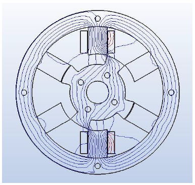 图5具有在-30°位置中的转子所示的磁阻电动机的磁场线，其具有用磁电磁的最大不稳定，仅在一个线圈对中的电流流动。