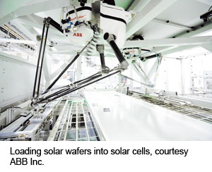 将太阳能晶片装入太阳能电池，由ABB公司提供。