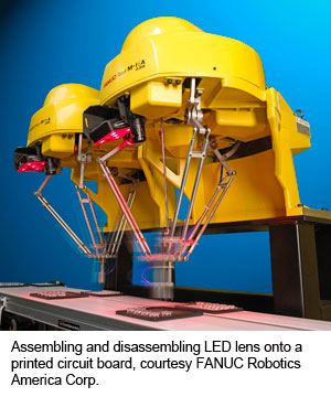 在印刷电路板上组装和拆卸LED透镜，由FANUC机器人美国公司提供。