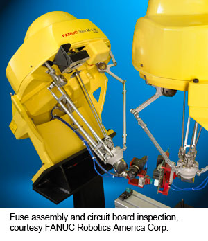 保险丝组装和电路板检查，由FANUC机器人美国公司提供。