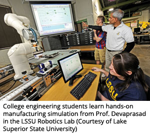 大学工程学生学习LSSU Robotics Lab德维加拉斯教授的实践制造模拟（由湖泊州立大学提供）