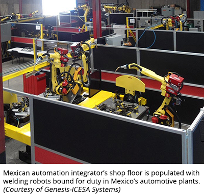 墨西哥自动化Integrator的车间填充焊接机器人，涉及墨西哥汽车厂的责任。（由Genesis-IceSA系统提供）