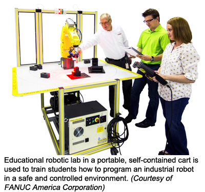 教育机器人实验室在一个便携式，自给自足的推车，用来训练学生如何编程的工业机器人在一个安全和控制的环境。(FANUC美国公司提供)