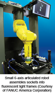 小型六轴铰接机器人将插座组装到荧光灯框架上(FANUC美国公司提供)