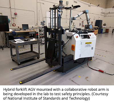 Hybrid Forklift AGV安装有合作机器人ARM，在实验室开发，以测试安全原则。（由国家标准与技术研究所提供）