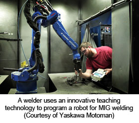 焊工使用创新的教学技术来编程MIG焊接的机器人（由Yaskawa Motoman提供）