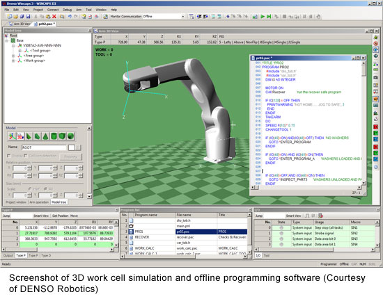3D工作单元仿真和离线编程软件的屏幕截图（由Denso机器人提供）
