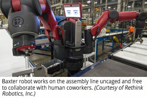 Baxter Robot在装配线上工作，未经配置，并自由地与人类同事协作（由Rethink Robotics，Inc。提供）