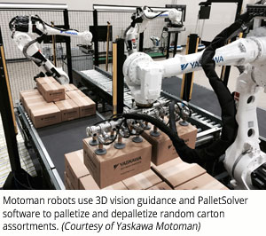 Motoman机器人使用3D视觉引导和托盘解决软件对随机分类的纸箱进行托盘和退托盘(由Yaskawa Motoman提供)