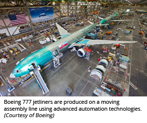 波音777喷气式客机是在采用先进自动化技术的移动装配线上生产的。(波音公司提供)