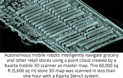自主移动机器人使用Kaarta Mobile 3D Scanner创建的点云作为主地图，智能地导航杂货和其他零售商店。使用Kaarta Stencen System，此60,000平方英尺（5,600平方米）存储3D地图在不到一小时内扫描。