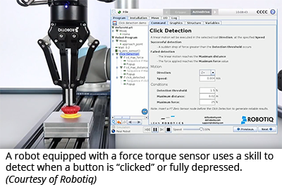 配备有力扭矩传感器的机器人使用技能来检测何时“单击”按钮或完全按下。（由Robotiq提供）
