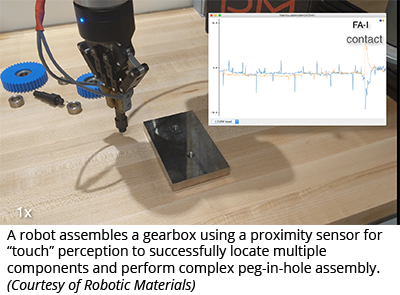 机器人装配齿轮箱使用接近传感器的“触摸”知觉，成功地定位多个组件，并执行复杂的钉孔装配(由机器人材料提供）