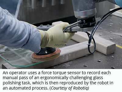 操作员使用一个力-力矩传感器来记录一个符合人体工程学的挑战性玻璃抛光任务的每个手动过程，然后由机器人在一个自动化过程中再现(由Robotiq提供）