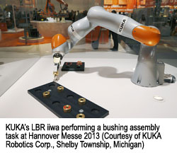 Kuka的LBR IIWA在Hannover Messe进行套管装配任务2013（由Kuka Robotics Corp.，Shelby Township，Michigan提供）