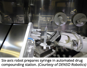 六轴机器人在自动配药站准备注射器(来自DENSO Robotics)