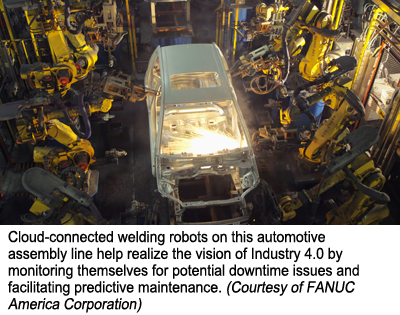 这种汽车装配线上的云连接的焊接机器人通过监控潜在的停机时间问题并促进预测性维护来帮助实现行业4.0的愿景。(FANUC美国公司提供)
