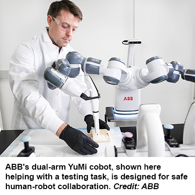 ABB的双臂YuMi合作机器人，在这里帮助完成一项测试任务，是为安全的人-机器人协作而设计的。信贷：ABB.