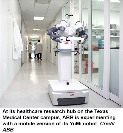 在德克萨斯医疗中心校园的医疗研究中心，ABB正在尝试其Yumi Cobot的移动版本。信贷：ABB.