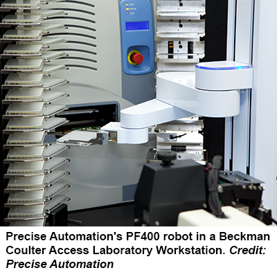 Beckman Coulter Access实验室工作站精确自动化的PF400机器人。信用：精确自动化