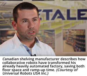 加拿大货架制造商介绍了协作机器人如何改变他已经严重的自动化工厂，节省了楼层空间和斜坡的时间。（由Universal Robots USA Inc.提供）
