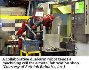协同双臂机器人倾向于金属制造商店的加工电池。（由Rethink Robotics，Inc。提供）