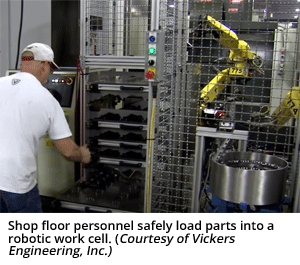 商店地板人员安全地将零件装载到机器人工作单元中。（由Vickers Engineering，Inc。提供）