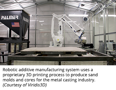 机器人增材制造系统使用专有的3D打印工艺为金属铸造行业生产砂模和砂芯。(由Viridis3D)