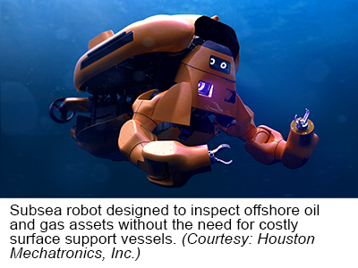 海底机器人旨在检查海上石油和天然气资产，无需昂贵的表面支撑件。（礼貌：休斯顿Mechatronics，Inc。）