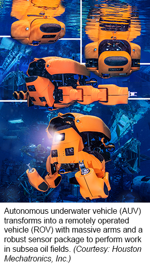 自主水下车辆（AUV）用大规模臂和强大的传感器封装变成远程操作的车辆（ROV），以在海底油田中执行工作。（礼貌：休斯顿Mechatronics，Inc。）