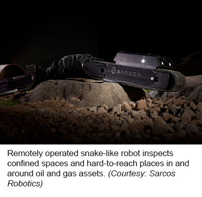 远程运行的蛇形机器人检查石油和天然气资产内部及周边地区的受限空间和难以到达的地方。（礼貌：SARCOS机器人）