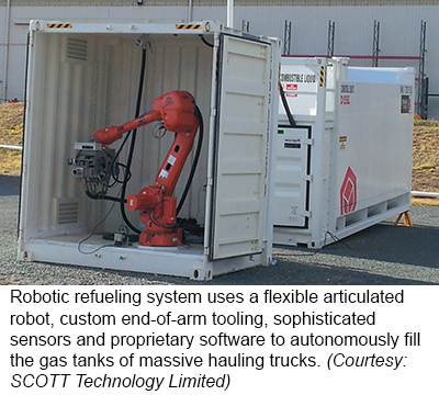 机器人加油系统采用灵活的铰接机器人，定制的武器末端工具，复杂的传感器和专有软件，自主地填充大规模牵引车的煤气箱。（礼貌：Scott Technology Limited）