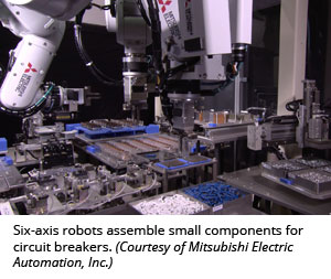 六轴机器人组装断路器的小部件。(三菱电气自动化公司提供)