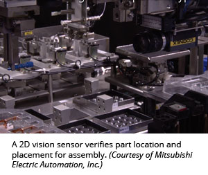 一个2D视觉传感器验证零件的位置和位置，以进行组装。(三菱电气自动化公司提供)