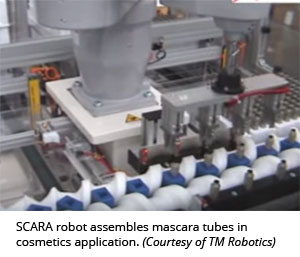SCARA机器人组装睫毛膏管用于化妆品应用。(由TM Robotics提供)
