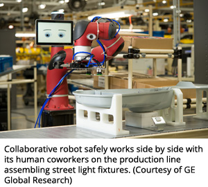 协同工作的机器人与人类同事在组装路灯装置的生产线上安全地并肩工作。(通用电气全球研究)