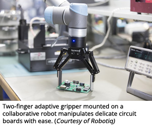 安装在协作机器人上的双指自适应抓手可以轻松操纵精致的电路板。(由Robotiq)