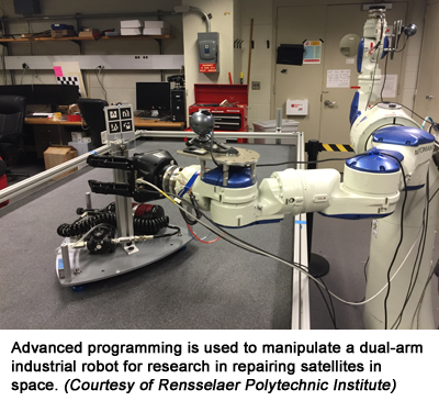 高级编程用于操纵双臂工业机器人在太空中修复卫星的研究。(伦斯勒理工学院提供)